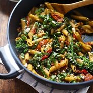 20 Minute Lemon Pesto Penne - baby broccoli, oven roasted tomatoes, pesto, fresh lemon, feta, and basil. My husband says it's his new favorite. | pinchofyum.com