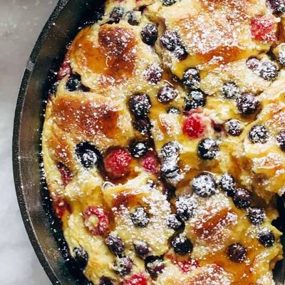 French Toast Casserole in a cast iron pan.