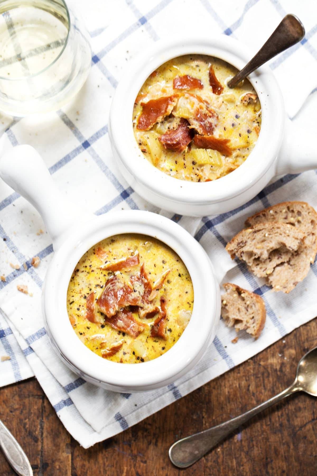 Smoked Salmon Chowder in two mug bowls.